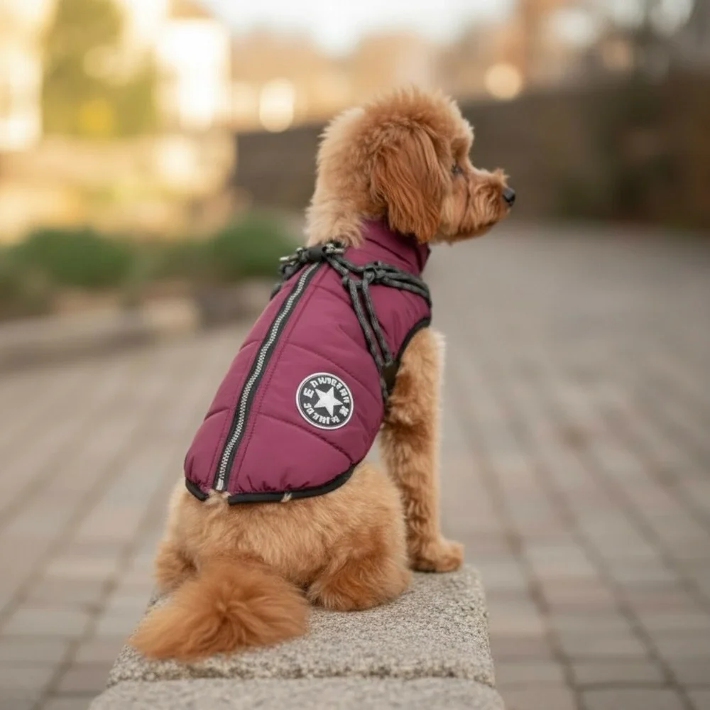 WINTER DOG COAT WITH ATTACHED HARNESS IN PURPLE